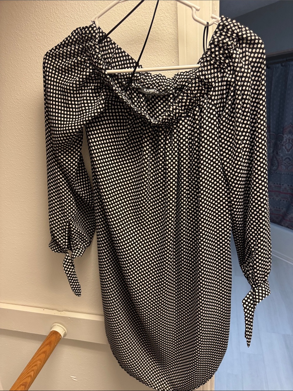Express Black and White Polka Dot Long Sleeve Off-Shoulder Dress